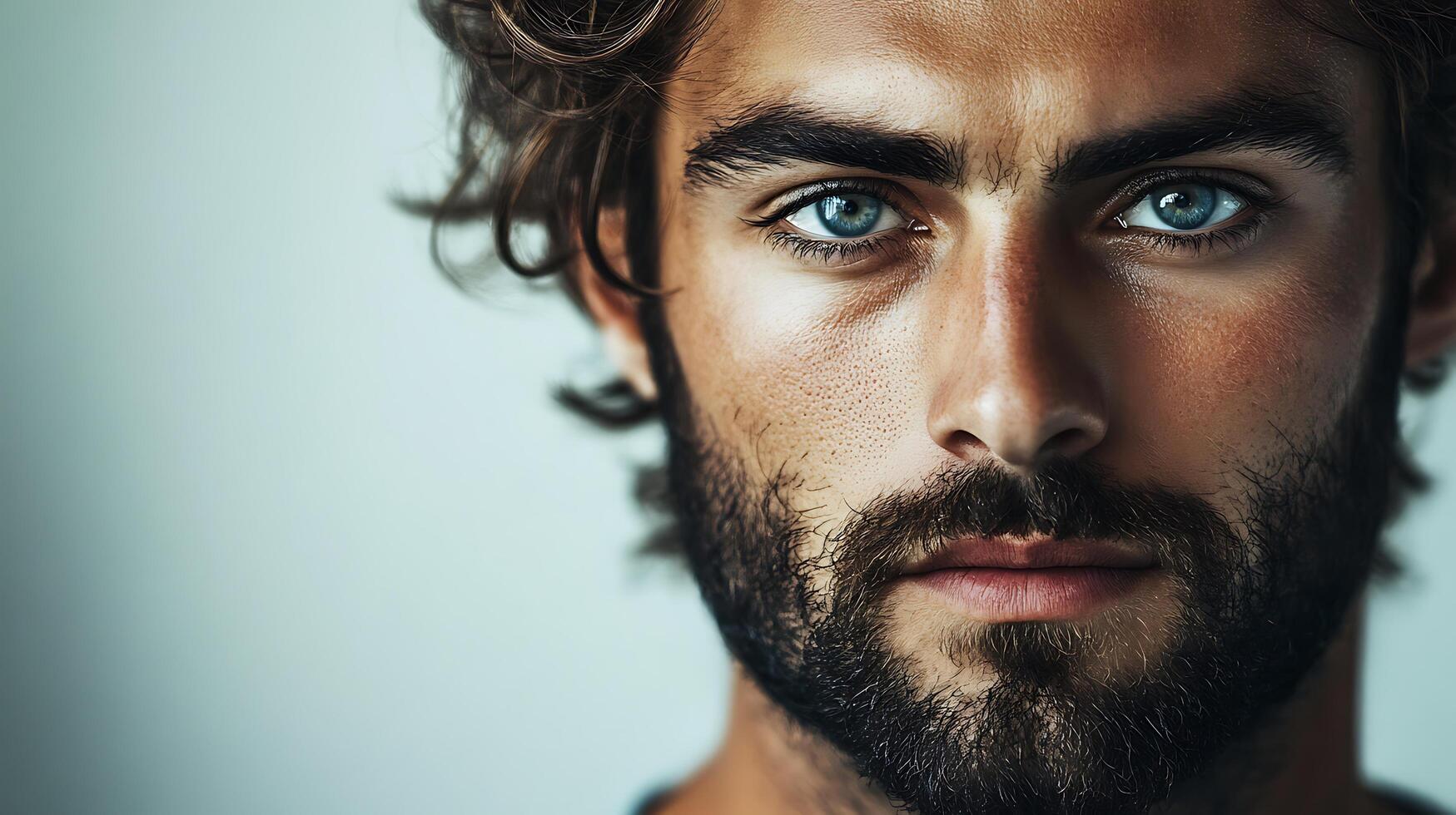 Close-up portrait of a handsome man with piercing blue eyes and a well-groomed beard against a plain light background photo