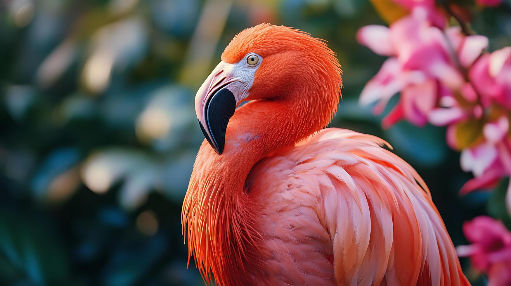 Vibrant flamingo portrait amidst lush flora showcasing nature's artistry and the bird's colorful plumage Tropical elegance photo