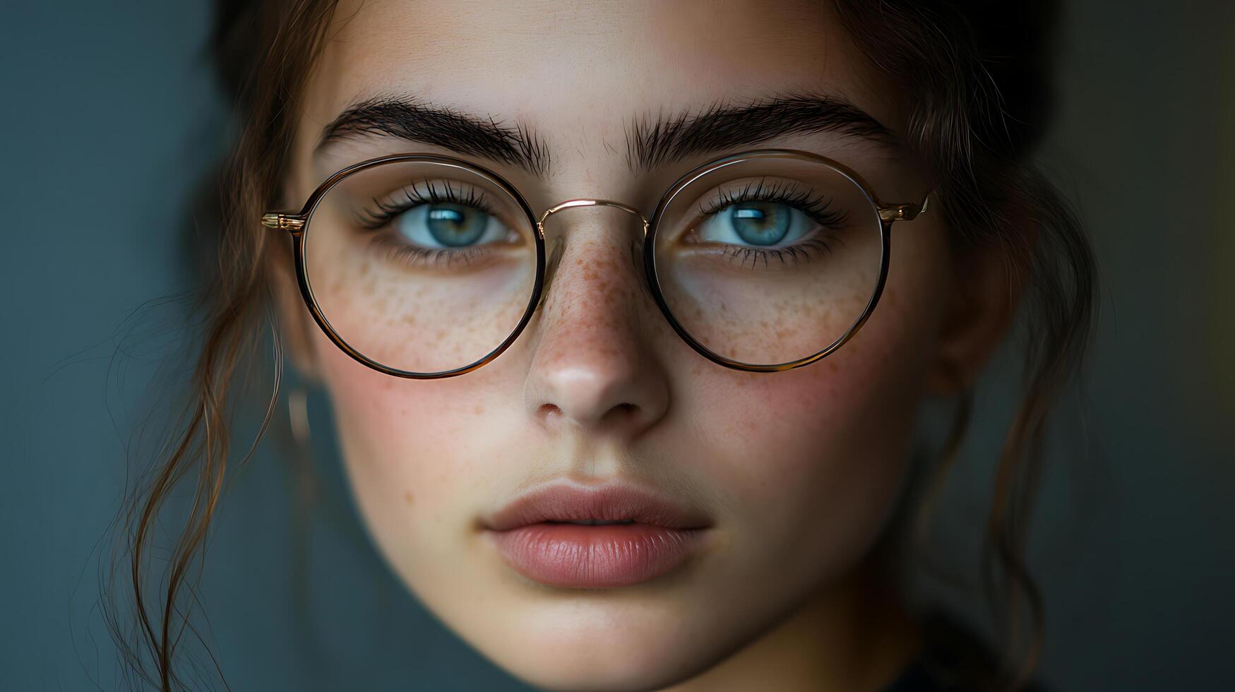 Portrait of a young woman with round glasses freckles and striking blue eyes radiating a natural and serene beauty photo