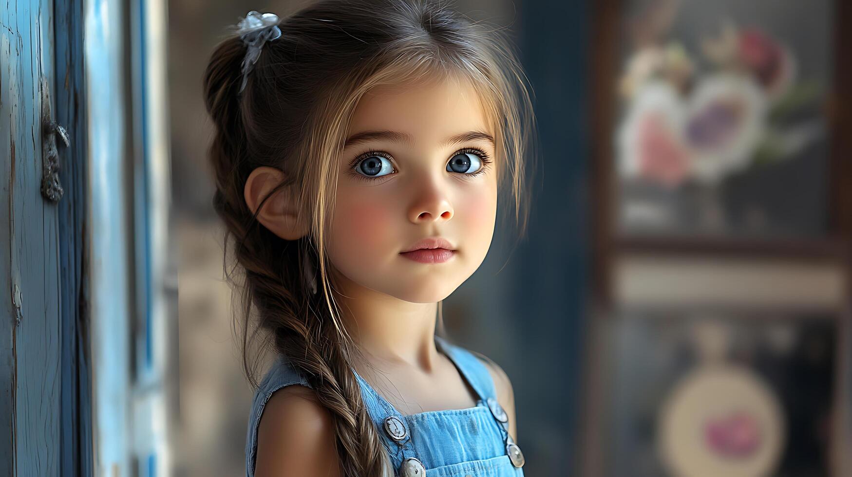 Portrait of a young girl with striking blue eyes and braided hair posing indoors with a gentle captivating expression photo