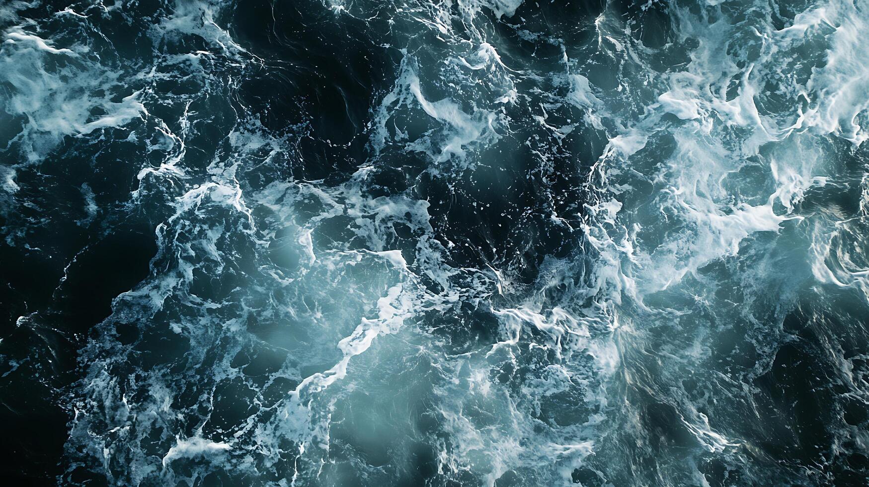 Aerial view of a turbulent sea with a mix of deep blue and lighter shades creating a dynamic foamy pattern photo