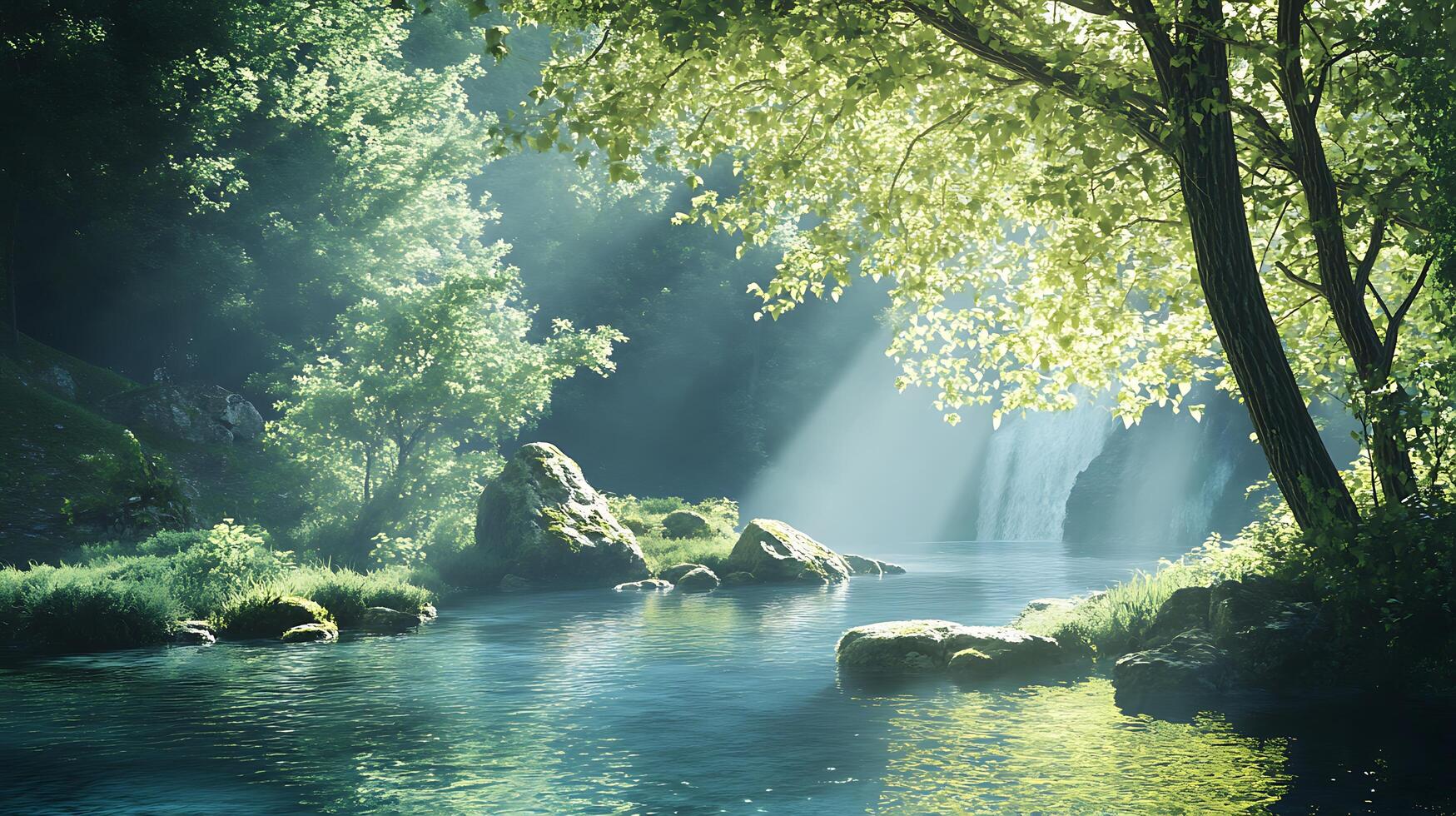 Sunlight streams through a vibrant forest illuminating a gentle river flowing towards a distant waterfall creating a serene view photo