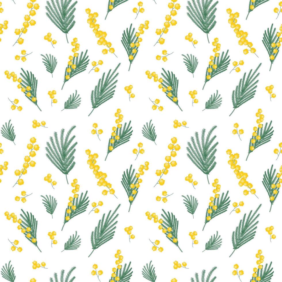 Yellow Mimosa Branches seamless Pattern. Spring Blooming flower. Simple Flat design illustration. Seasonal Botanical background. vector
