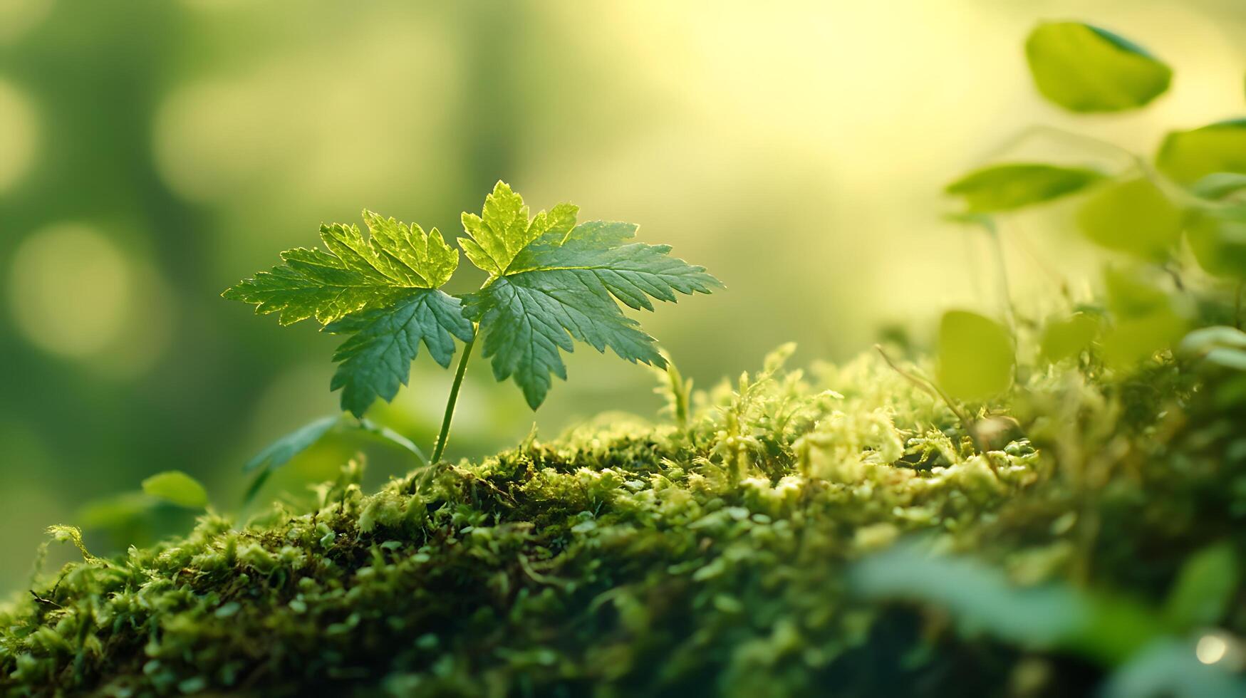 Verdant sprout emerges from mossy bed bathed in sunlight Life's tender start amidst the vibrant forest floor photo