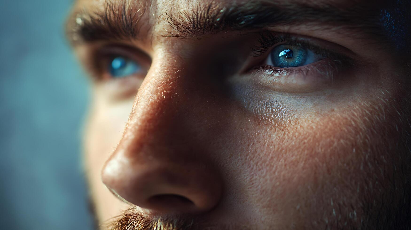 Intense gaze of a man with captivating blue eyes highlighted by detailed facial features and subtle skin textures photo