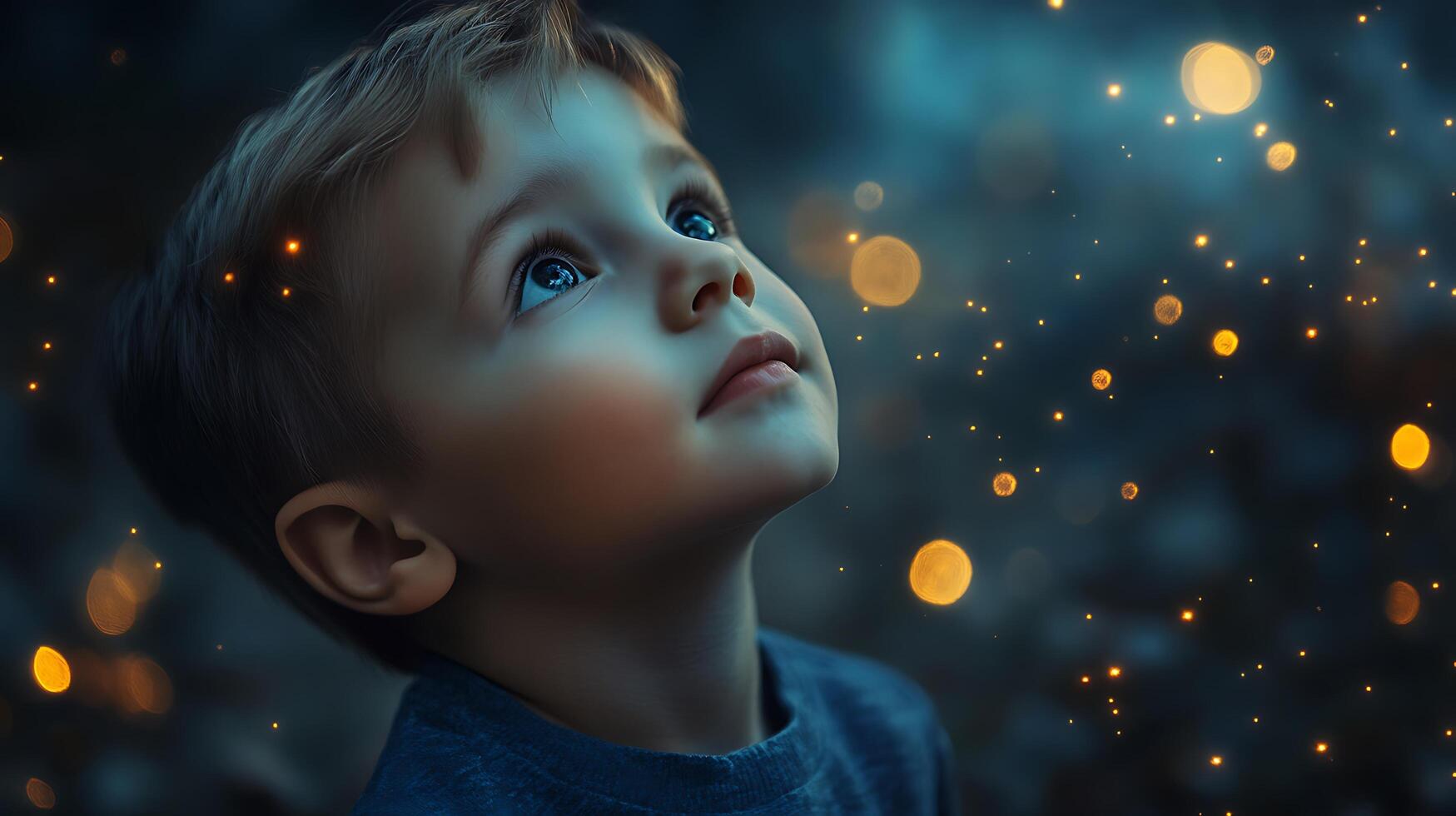 A young child gazes upwards in wonder illuminated by soft magical lights creating a serene and enchanting scene photo