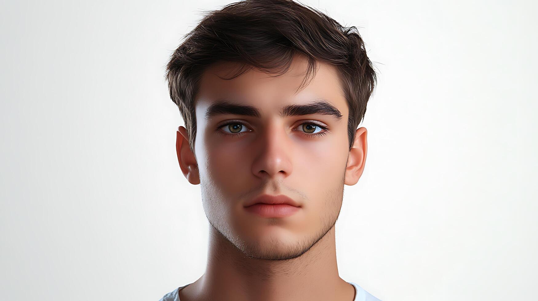 Close-up portrait of a young man with dark hair and green eyes fair skin and a neutral expression against a white background photo