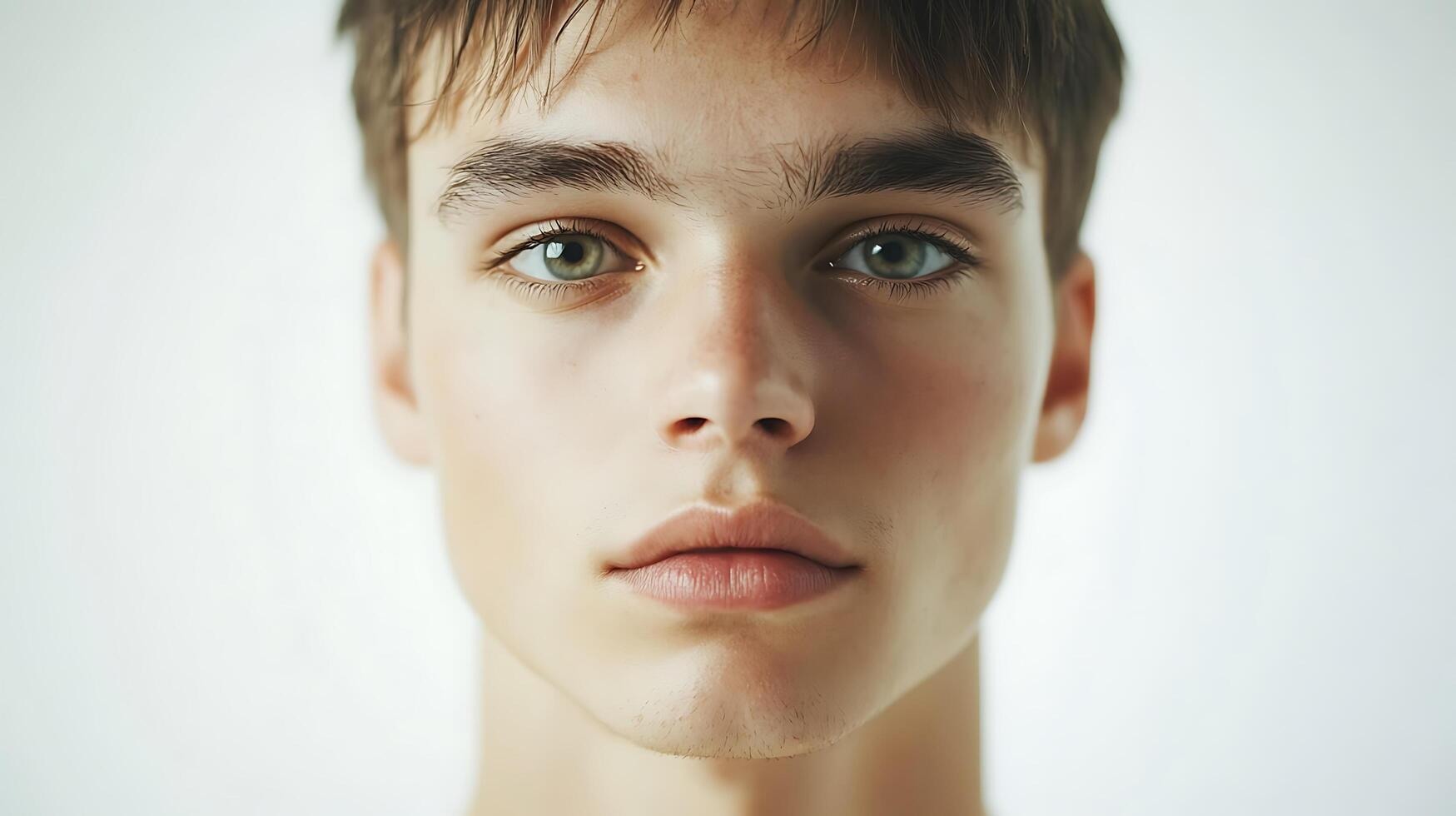 Striking close-up portrait showcasing captivating eyes smooth skin and neutral expression against a clean white background photo