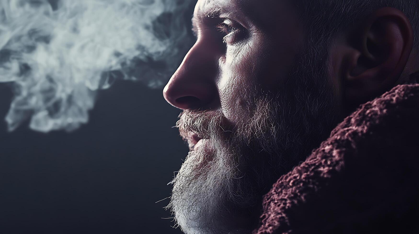 Profile of a man exhaling vapor suggesting contemplation or cold weather against a dark atmospheric backdrop photo