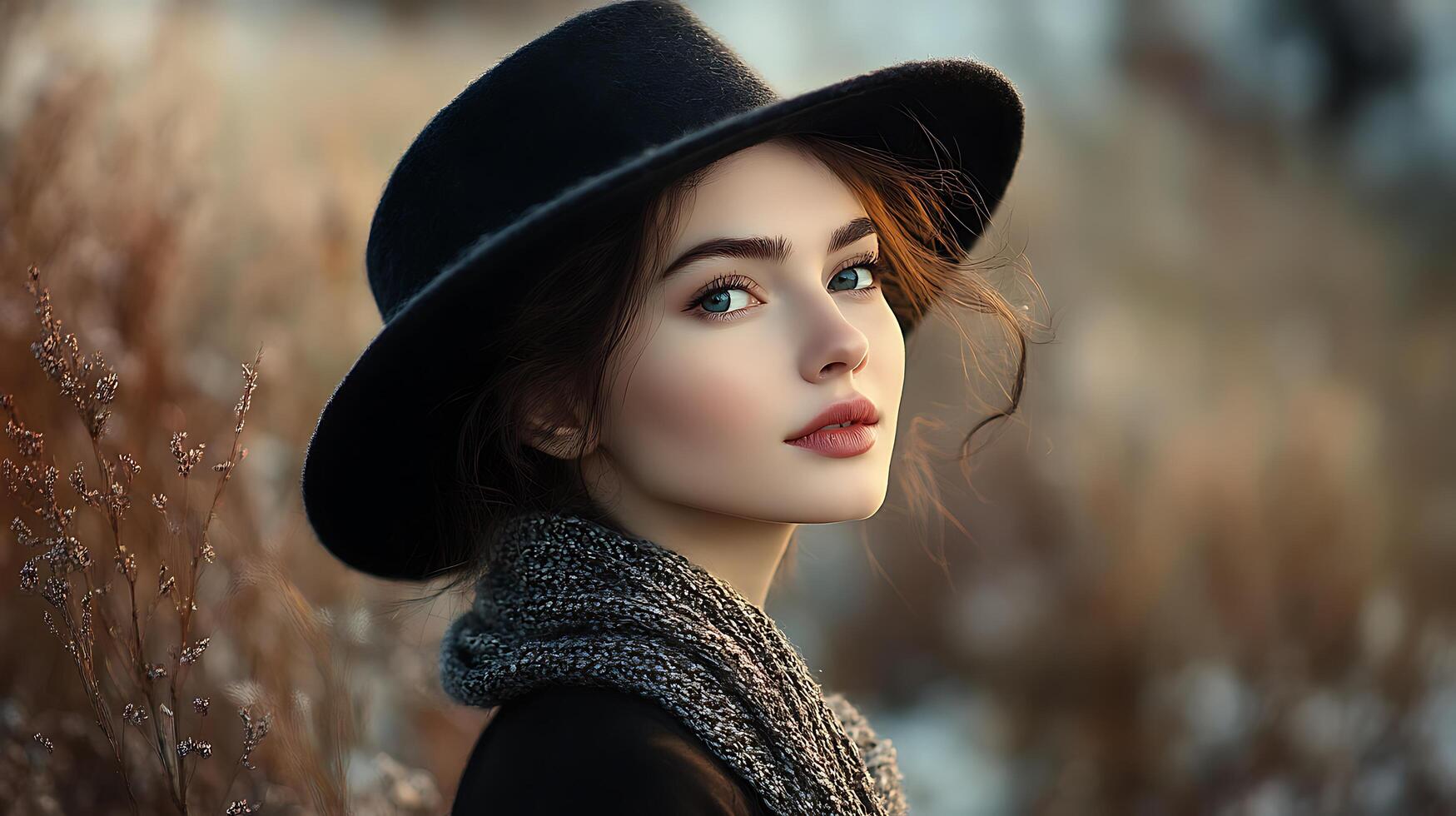 Elegant woman with a black hat and scarf gazing with stunning eyes Sophisticated style in a natural setting photo