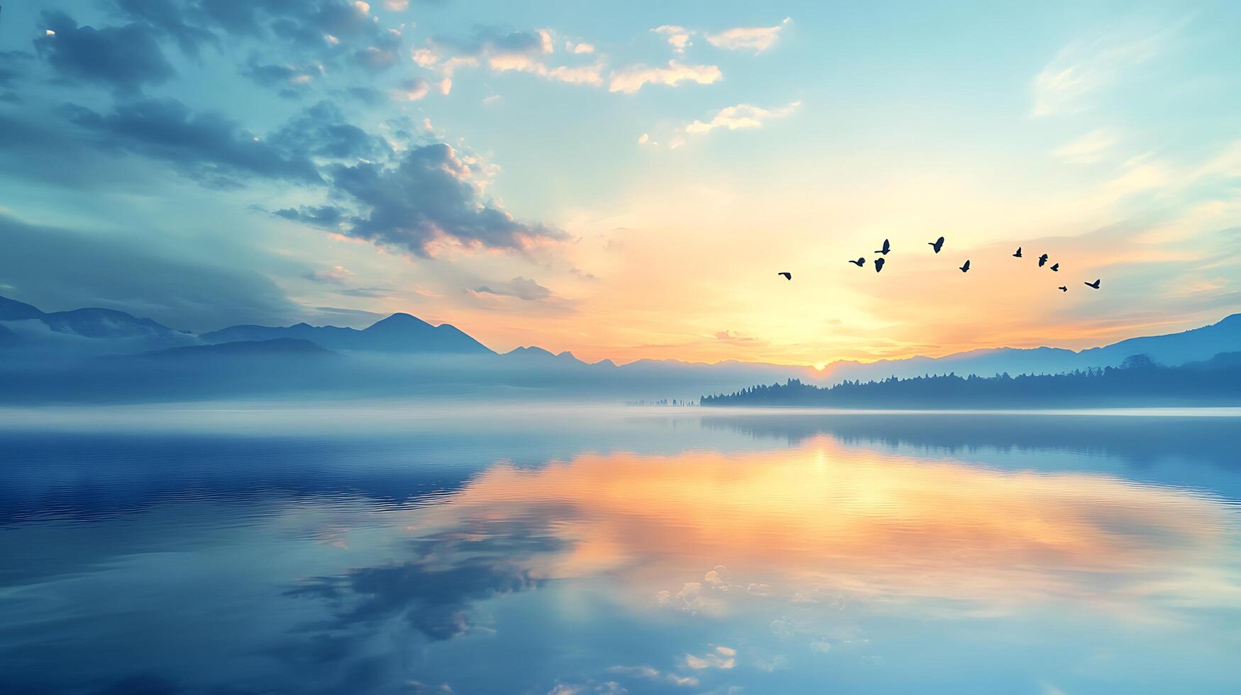 Serene dawn landscape birds fly over misty water reflecting soft light Mountains rise in the distance photo