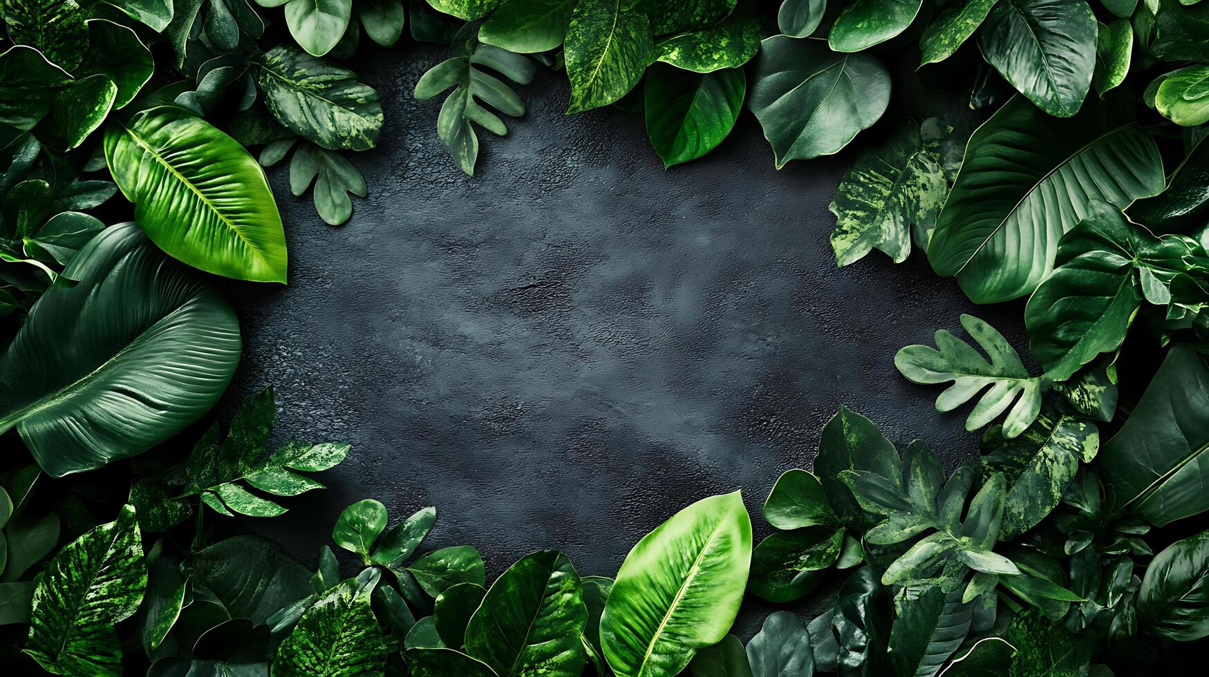 Vibrant greenery frame on dark background lush leaves create a natural border for text or design with rich tones photo