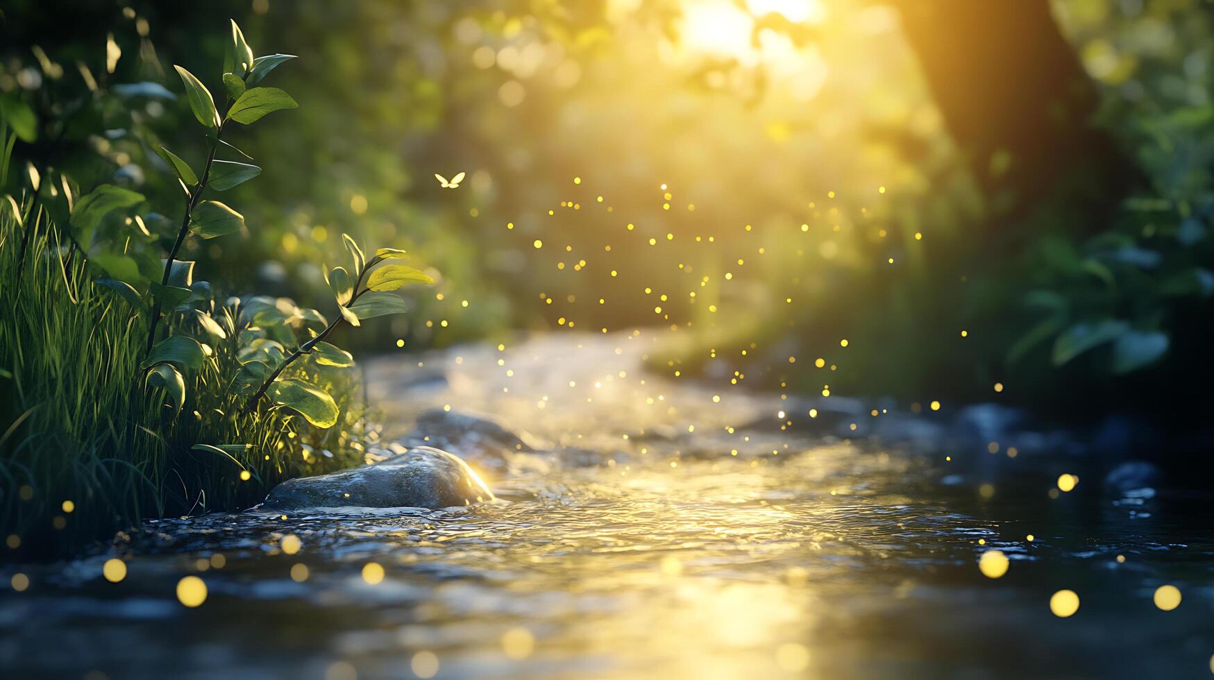 Sunlit stream with flowing water plants and glowing bokeh creates magical and peaceful ambiance in nature photography photo