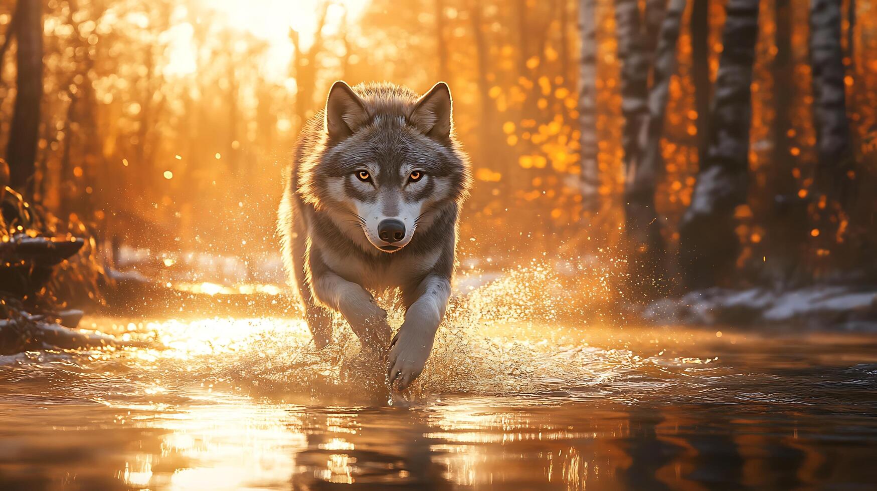 Wolf emerges powerfully from a glistening river eyes fixed illuminated by golden sunlight creating a dynamic portrait photo