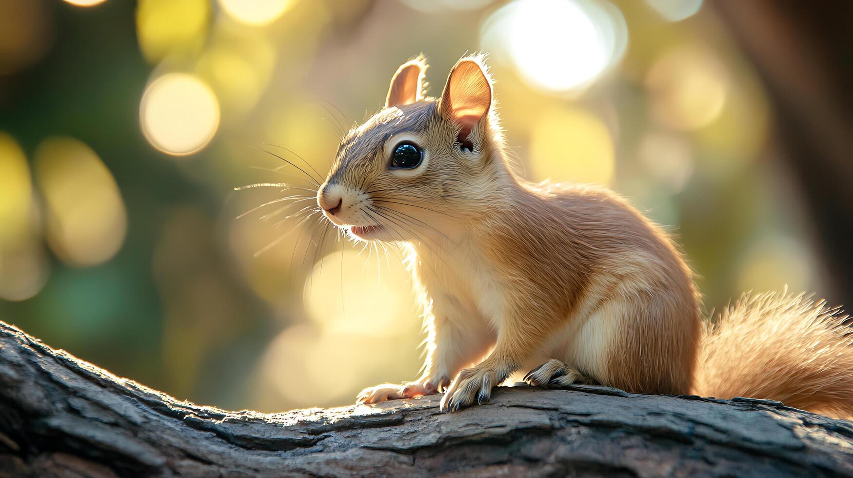A small squirrel perched upon a rough tree branch bathed in the warm glow of a sunset in the peaceful woods photo