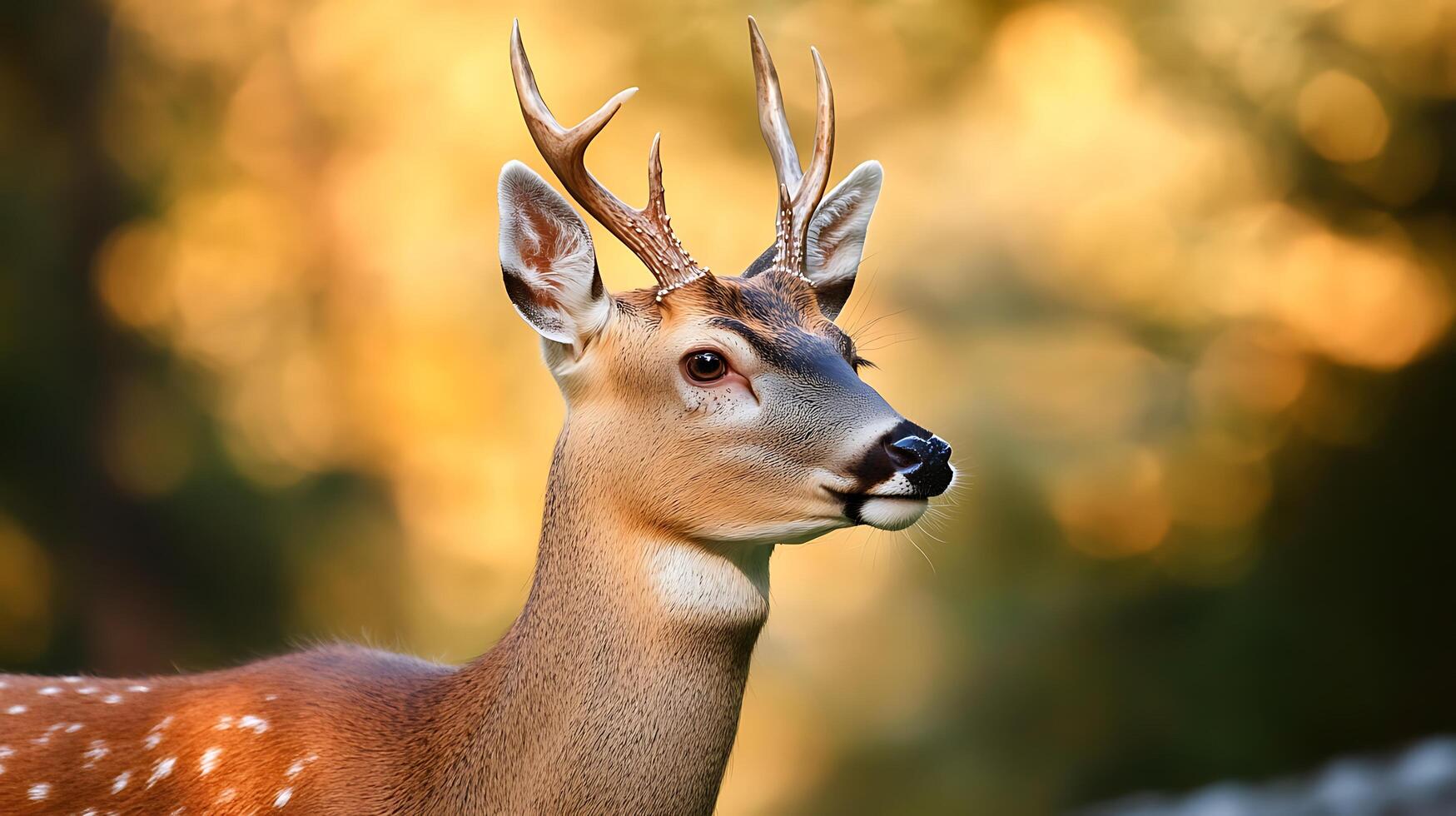 Majestic buck with velvet antlers gazes into the distance amidst a blurred backdrop of forest trees and nature photo
