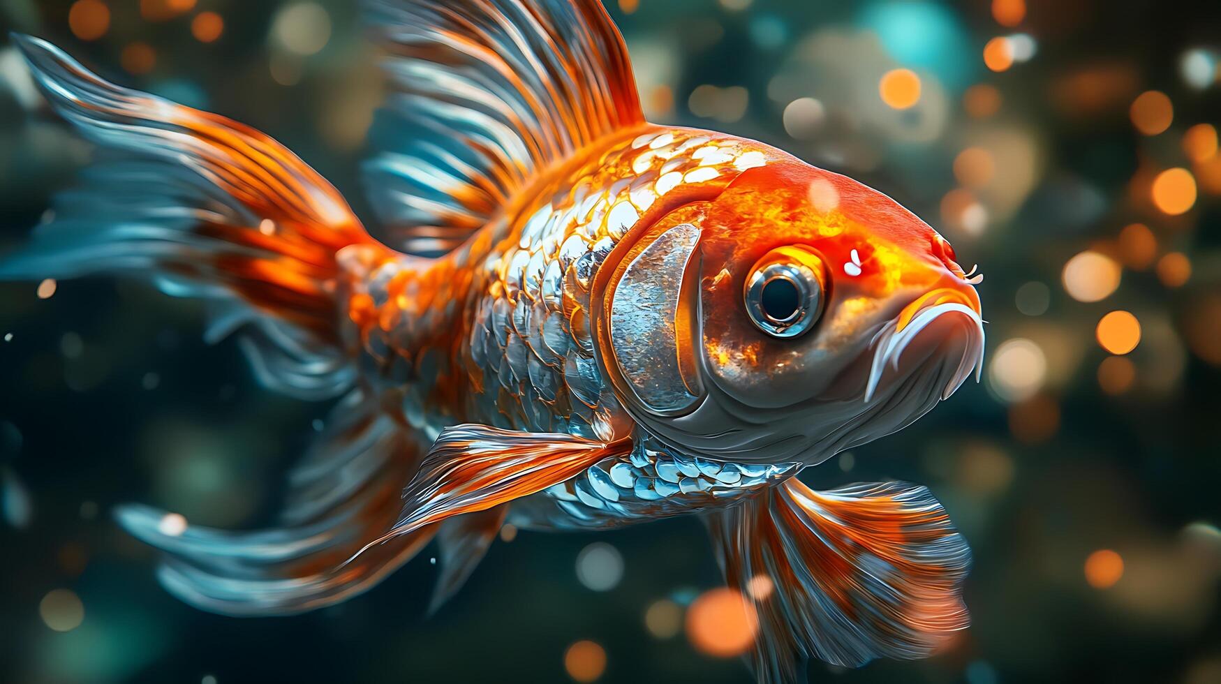 A beautiful orange and white goldfish swims gracefully in an aquarium illuminated by soft bokeh-filled lighting photo