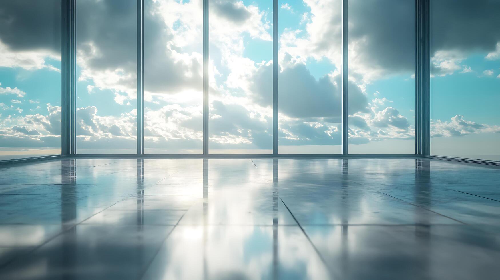 Minimalist view from a modern interior with floor to ceiling windows offering scenic sky and clouds reflections photo