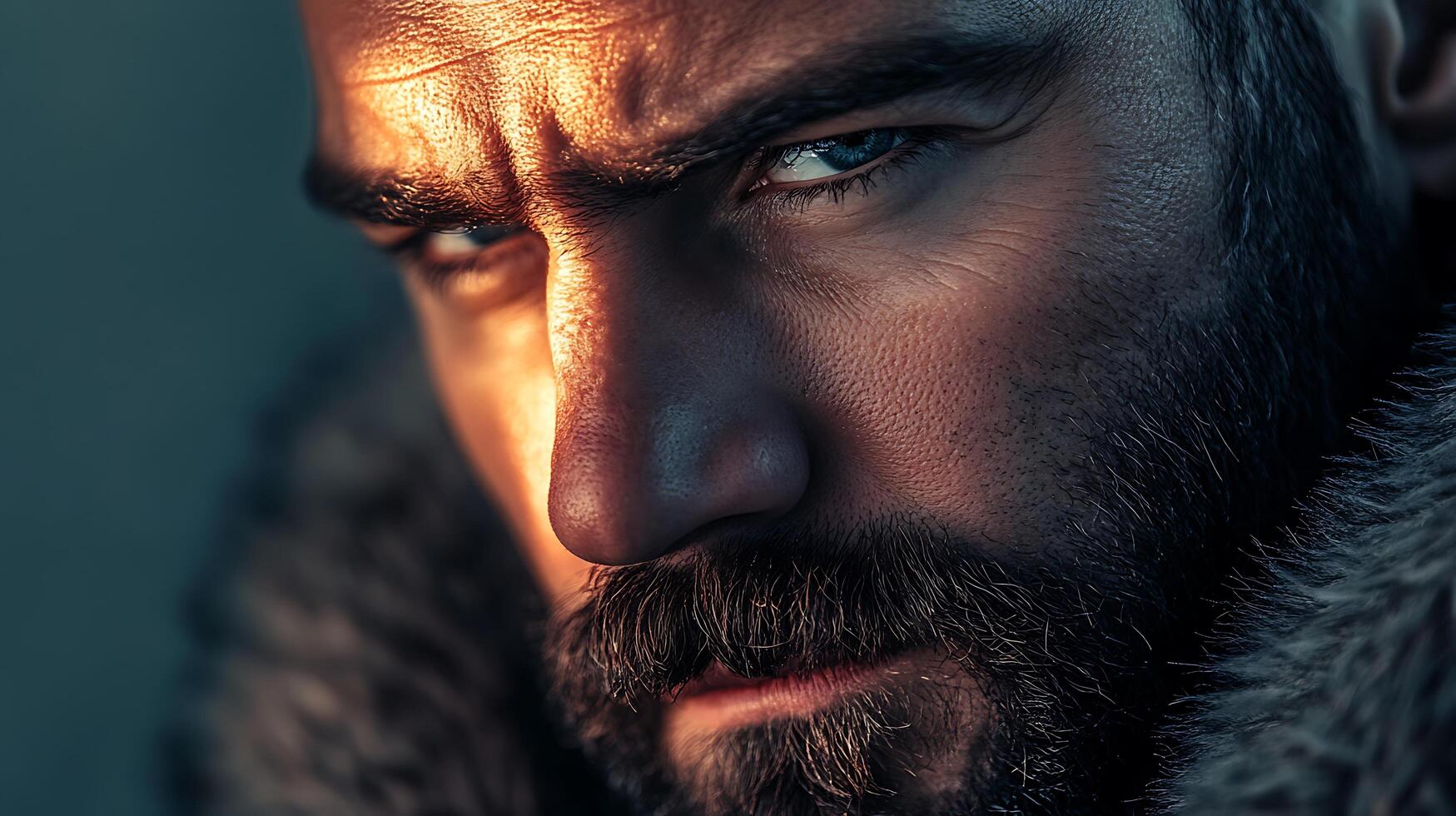 Close up portrait of an intense man with a beard looking forward He is wearing a fur lined jacket photo