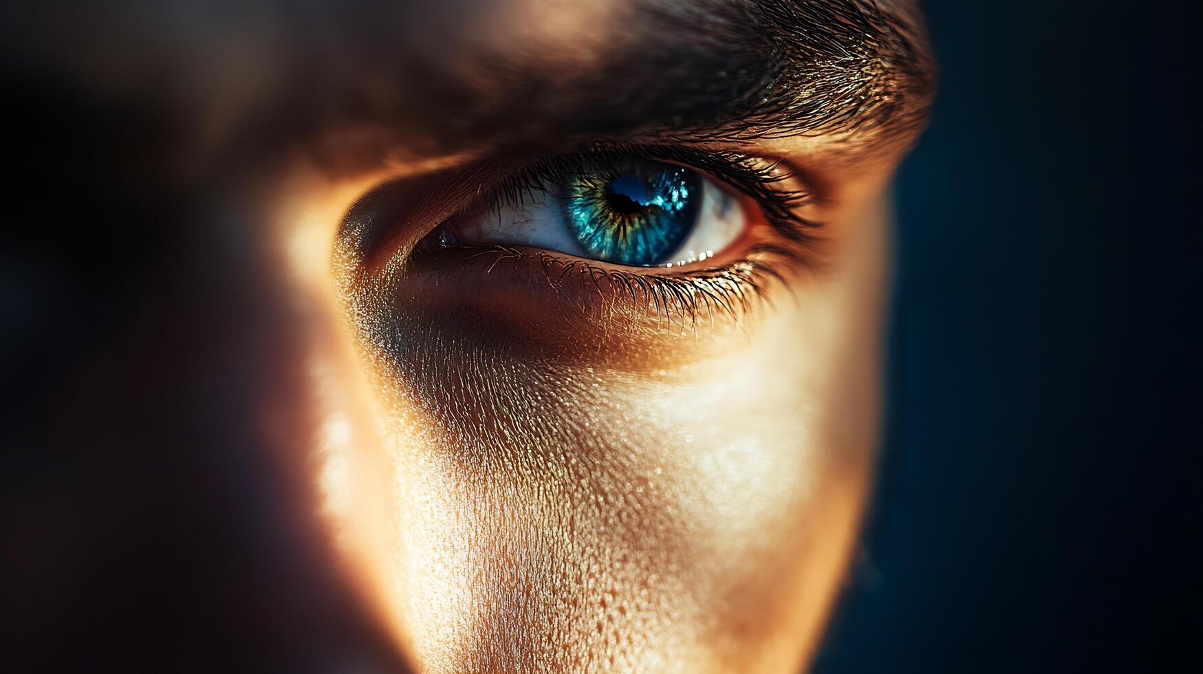 Piercing gaze Intense blue eye close-up reflecting light Striking and powerful visual portrait Focused intensity photo