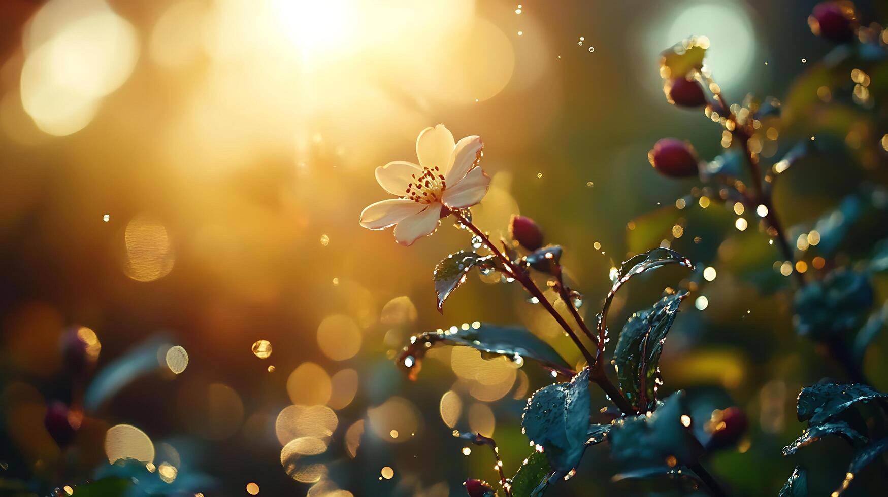 A sunlit flower blooms adorned with dewdrops creating a magical ethereal glow in a garden setting photo