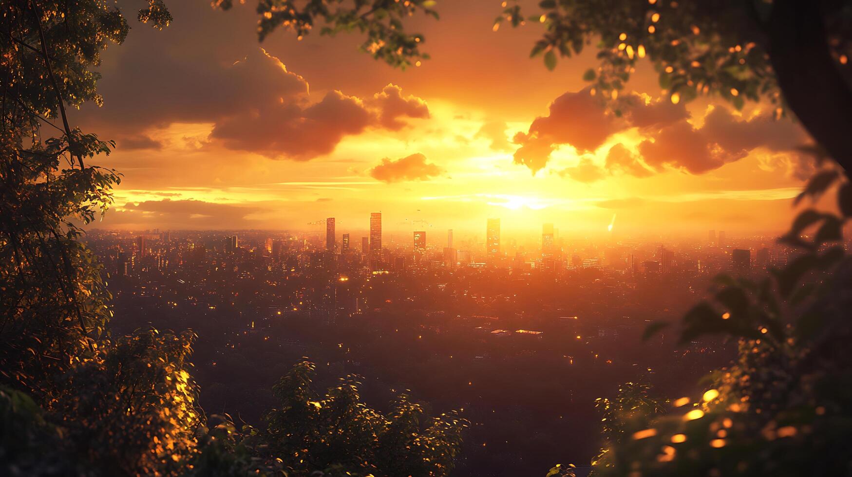 Sunset cityscape framed by trees with a warm glow illuminating the skyline and creating a picturesque urban vista photo