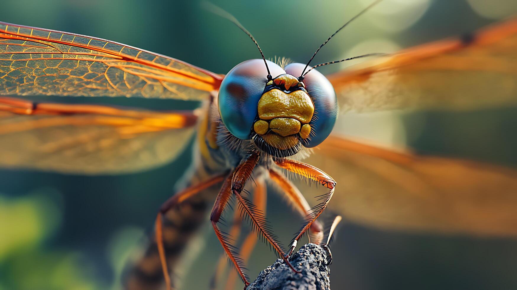 Extreme close-up of a dragonfly with iridescent wings and bright blue eyes showcasing detailed textures and colors photo
