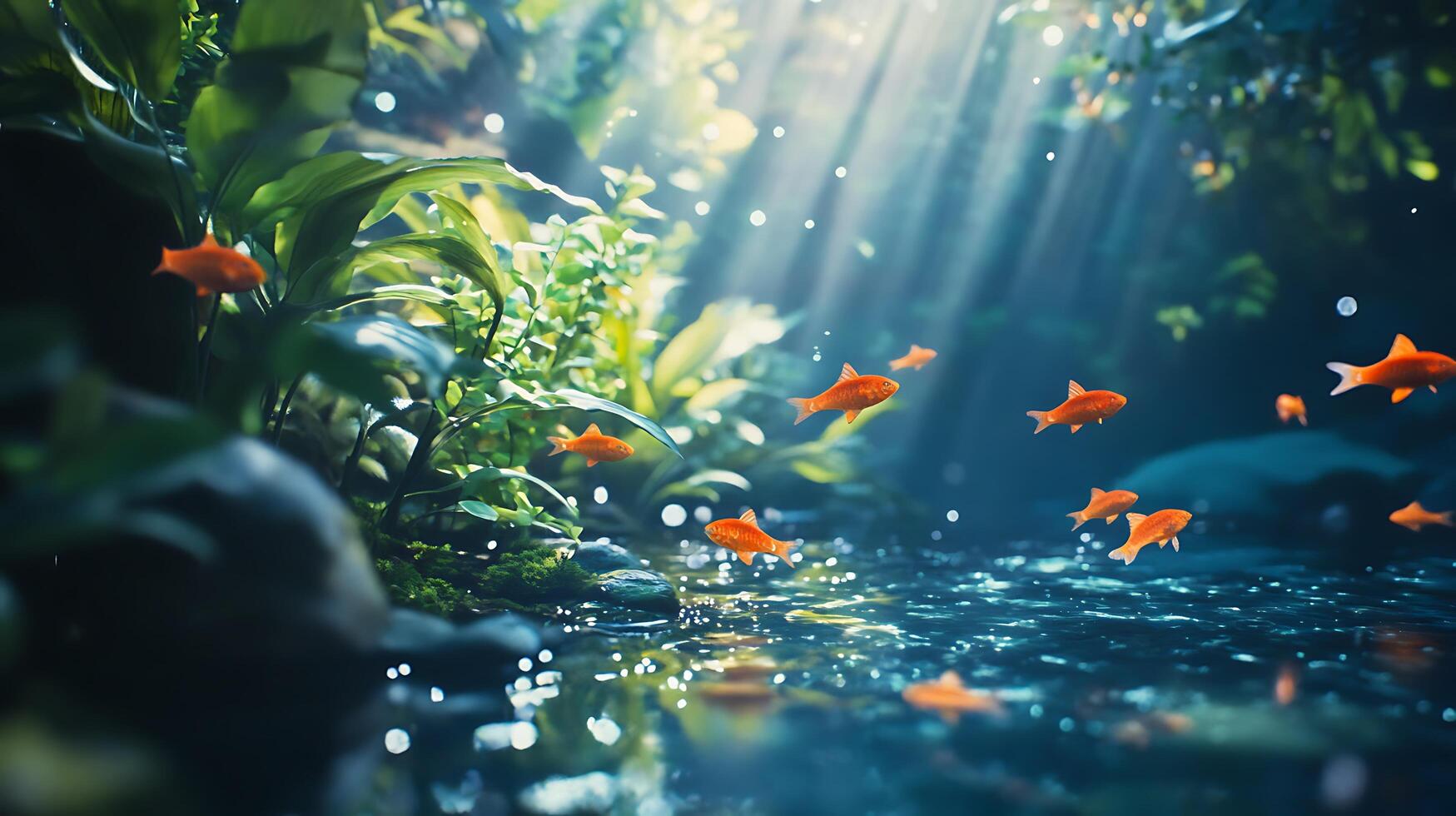 A vibrant underwater scene teeming with life featuring goldfish swimming amidst lush aquatic plants and shimmering sun rays photo