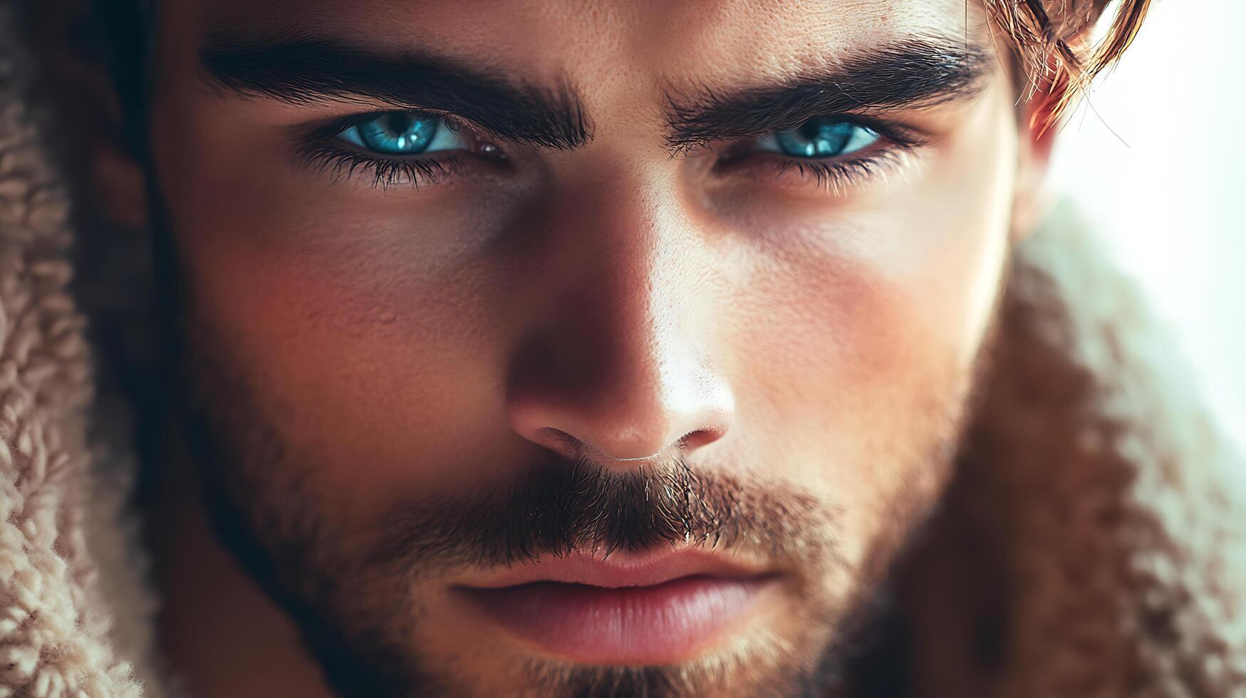 Intense blue eyes capture your gaze framed by a strong face and a cozy texture drawing you into a world of mystery photo