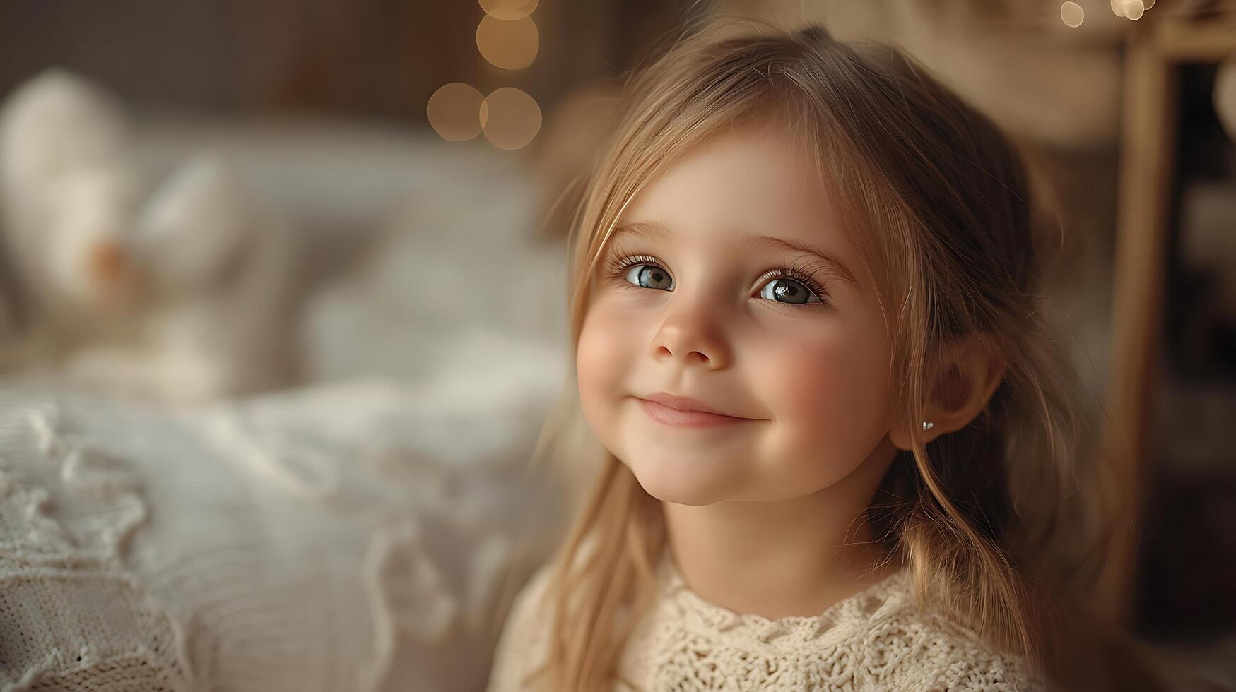 A portrait of a blonde girl with a sweet smile soft lighting and a cozy background radiating warmth and innocence photo