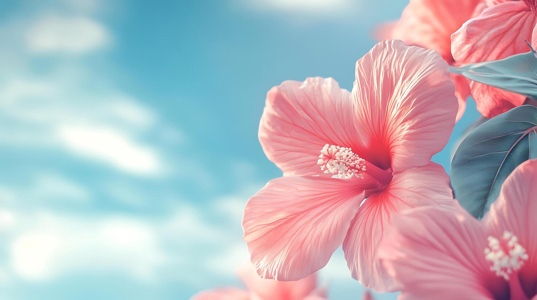 Radiant pink hibiscus flowers stand out against a backdrop of soft blue skies creating a serene summer day scene photo