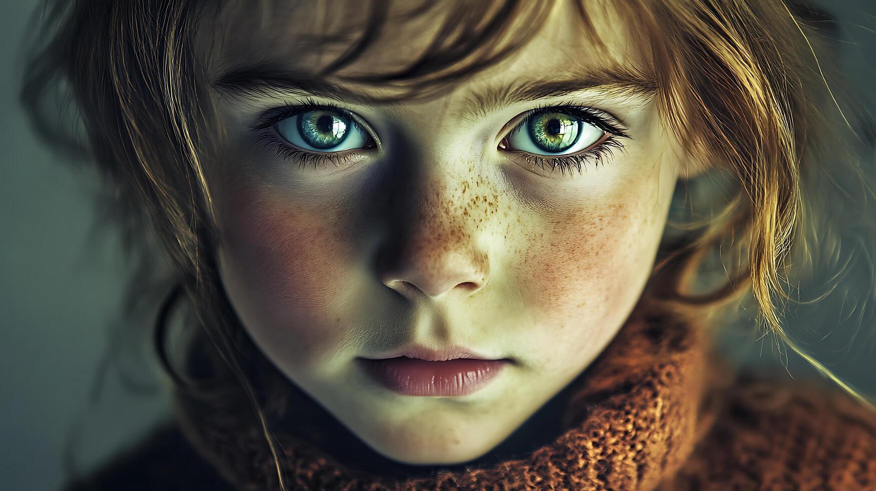 A captivating portrait of a young girl with striking eyes freckled face and a cozy sweater conveying an aura of innocence photo