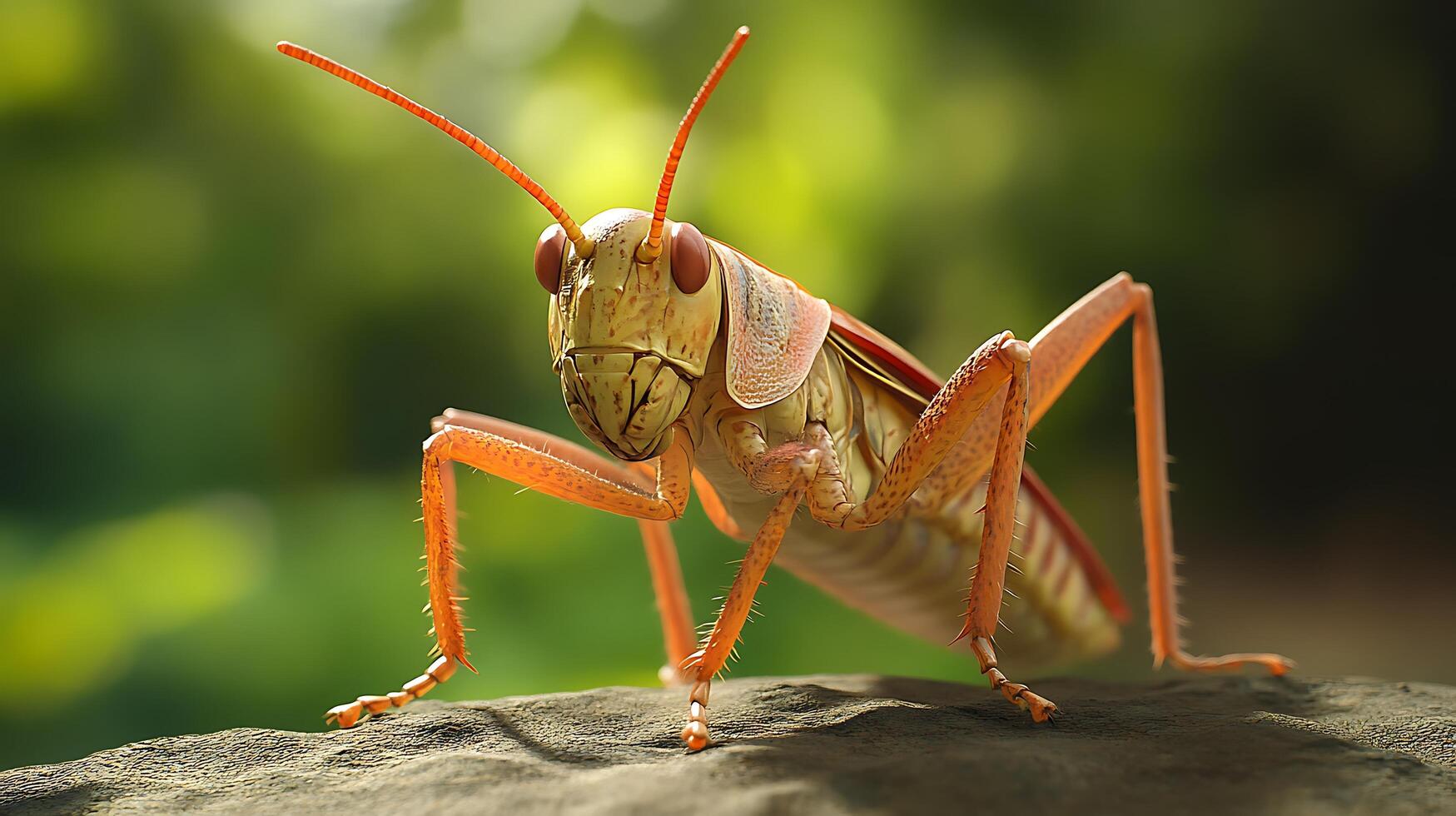 Detailed close-up of a vibrant grasshopper showcasing its intricate features and unique texture against a blurred background photo