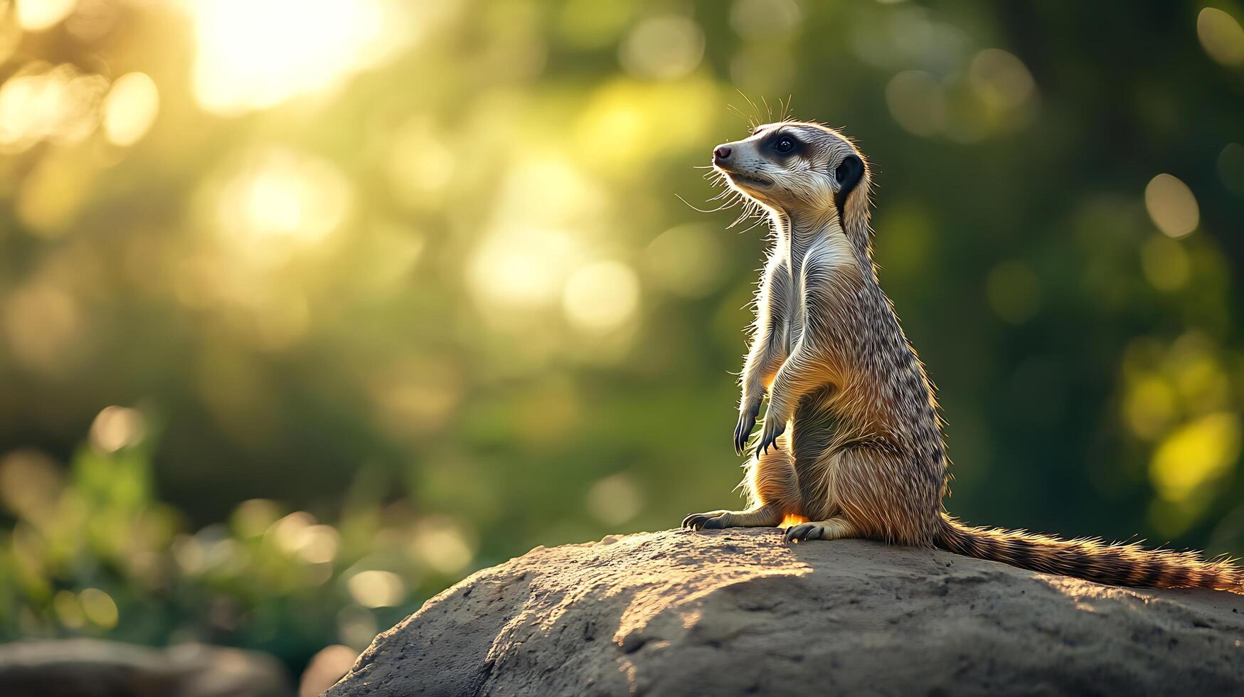 Attentive meerkat perched on a rock gazing into the sunlight its silhouette outlined against a blurred backdrop of greenery photo
