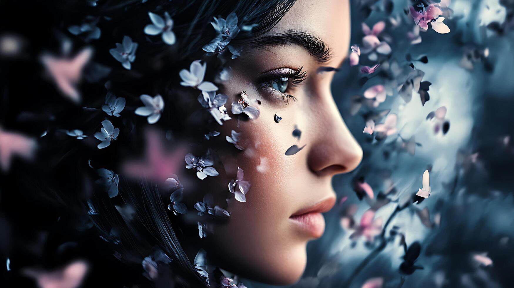 Ethereal beauty amidst falling petals delicate profile serene gaze captivating mystery in twilight's gentle embrace photo