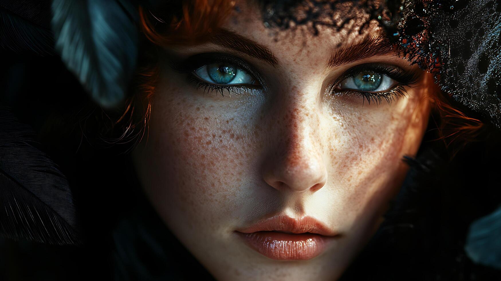 Mysterious woman with striking eyes and intricate headwear an evocative portrait with a hint of darkness and allure photo