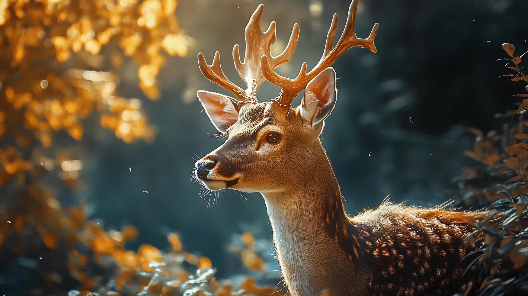 A majestic stag stands in dappled sunlight filtering through golden autumn foliage showcasing nature's beauty and serenity photo
