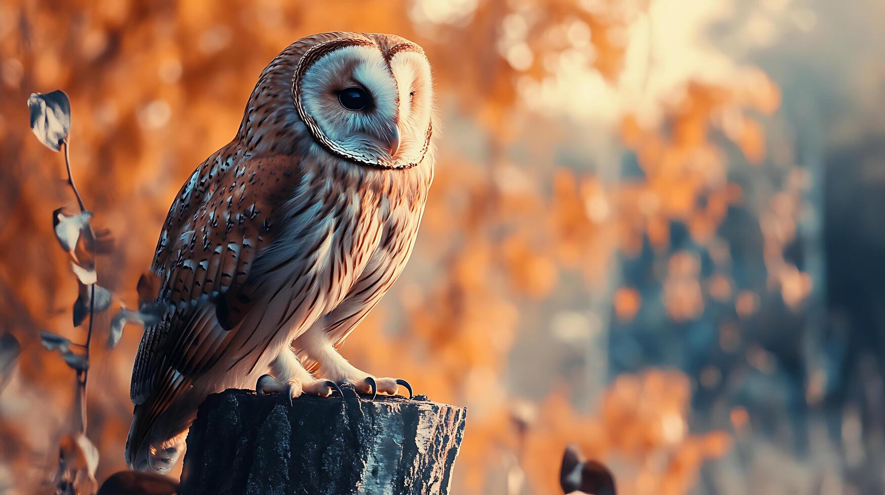A majestic owl perched on a tree stump against a warm backdrop of fall colors illuminated by soft natural light photo