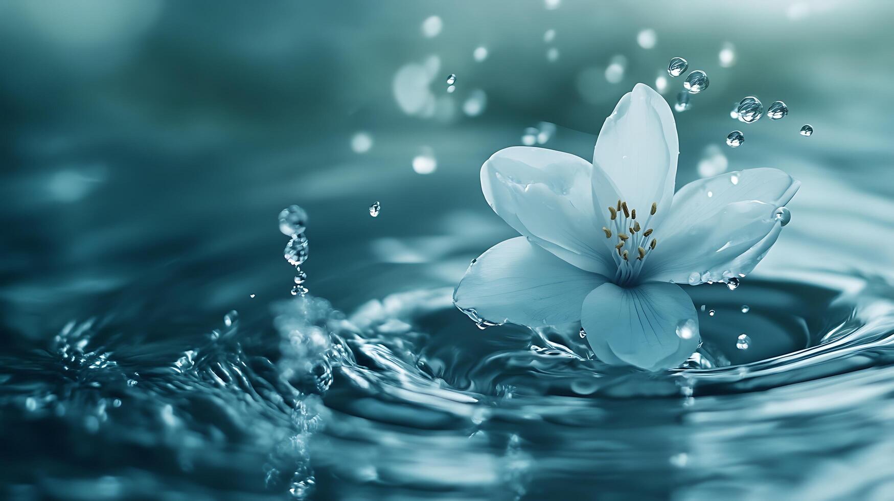 A delicate white flower rests gently on the surface of pristine blue water surrounded by droplets and ripples serene harmony photo