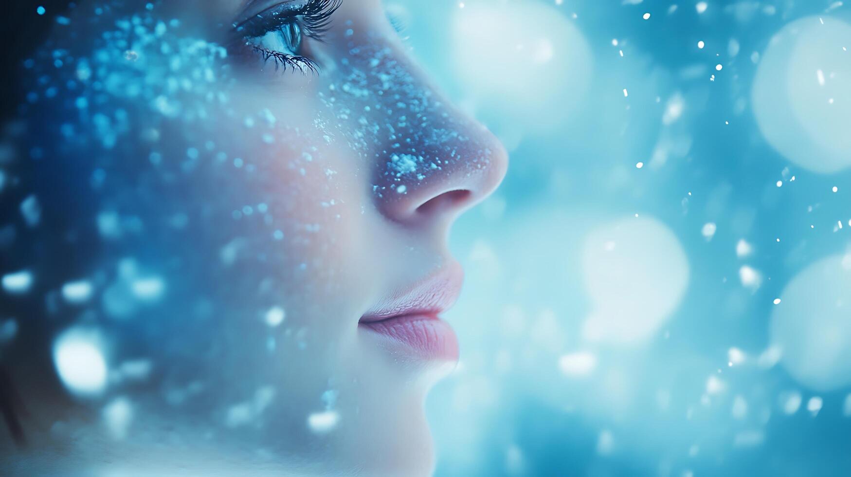 Profile portrait of a fair-skinned woman dusted with sparkling light blue glitter against a blurred bokeh background photo