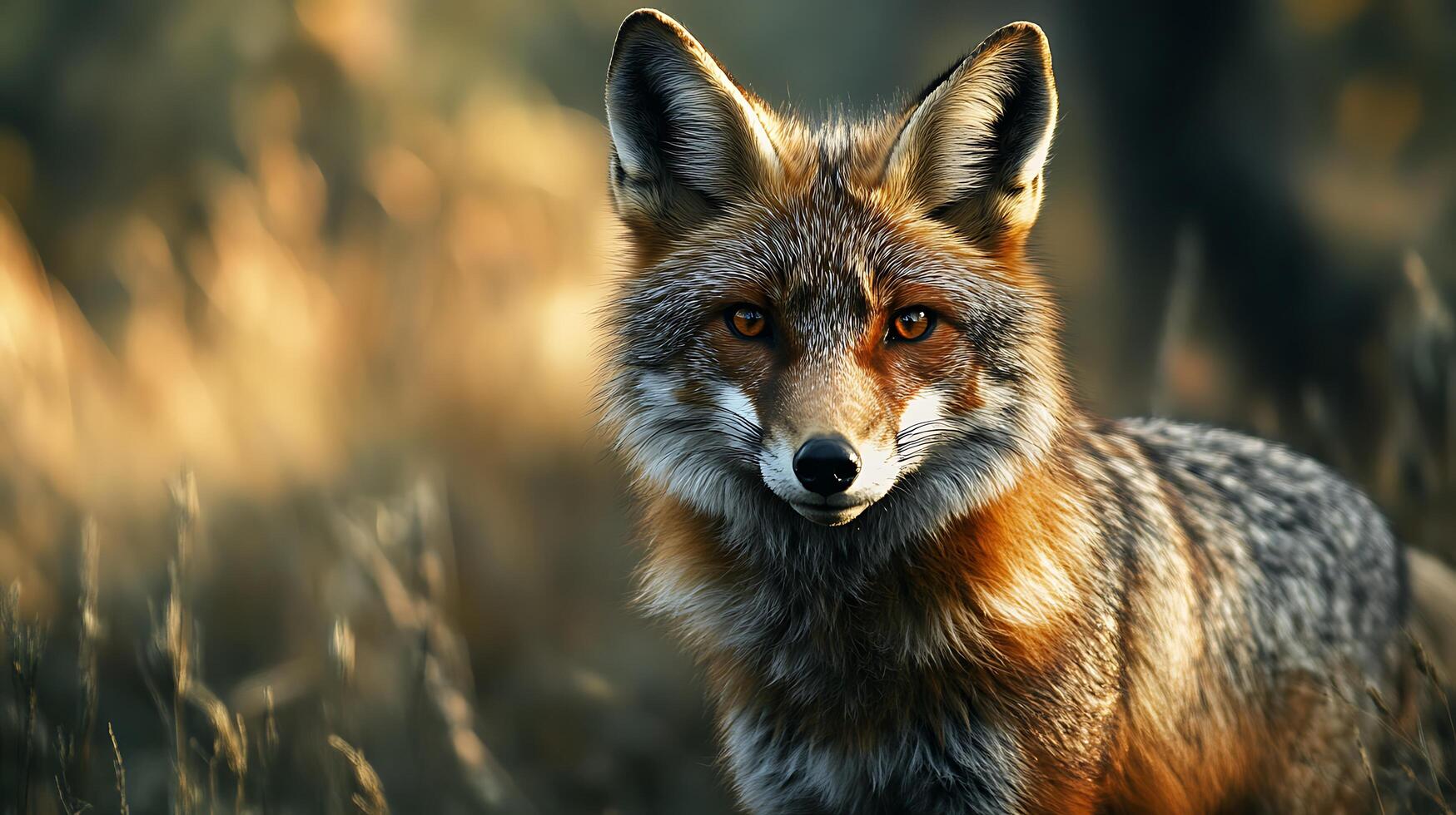A captivating portrait of a wild fox with striking fur captured in a field of golden grass bathed in natural light photo