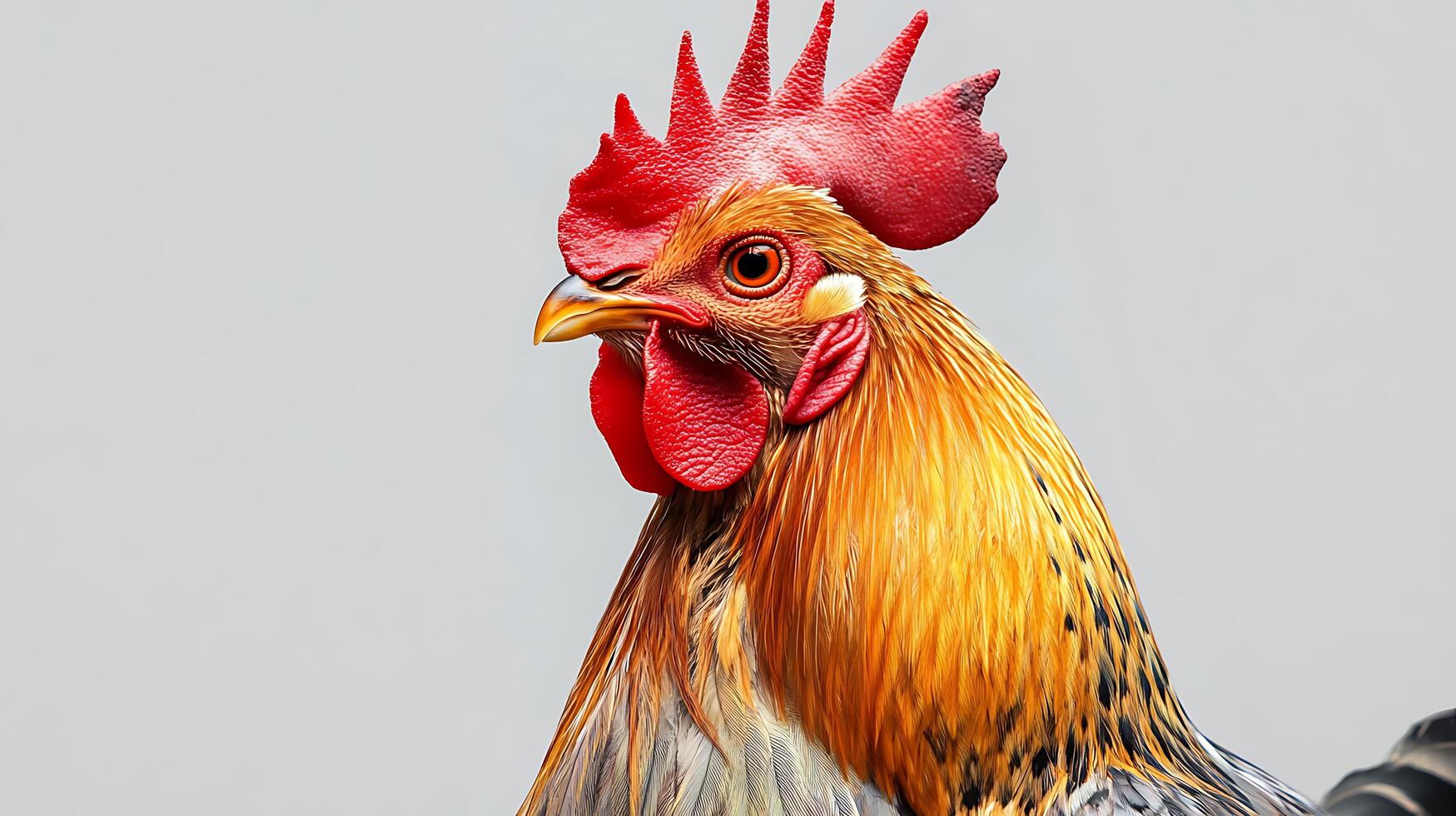 Close-up studio shot of a vibrant rooster featuring golden feathers bright red comb and a distinctive orange beak photo