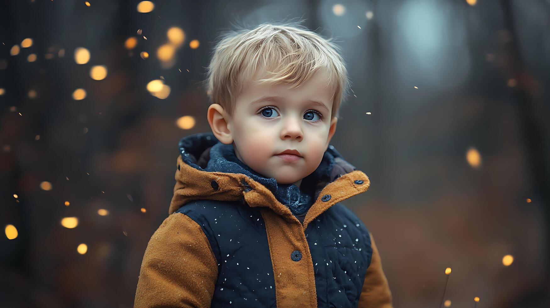 Young boy in a jacket stands against bokeh backdrop evoking wonder innocence and the quiet magic of a forest setting photo