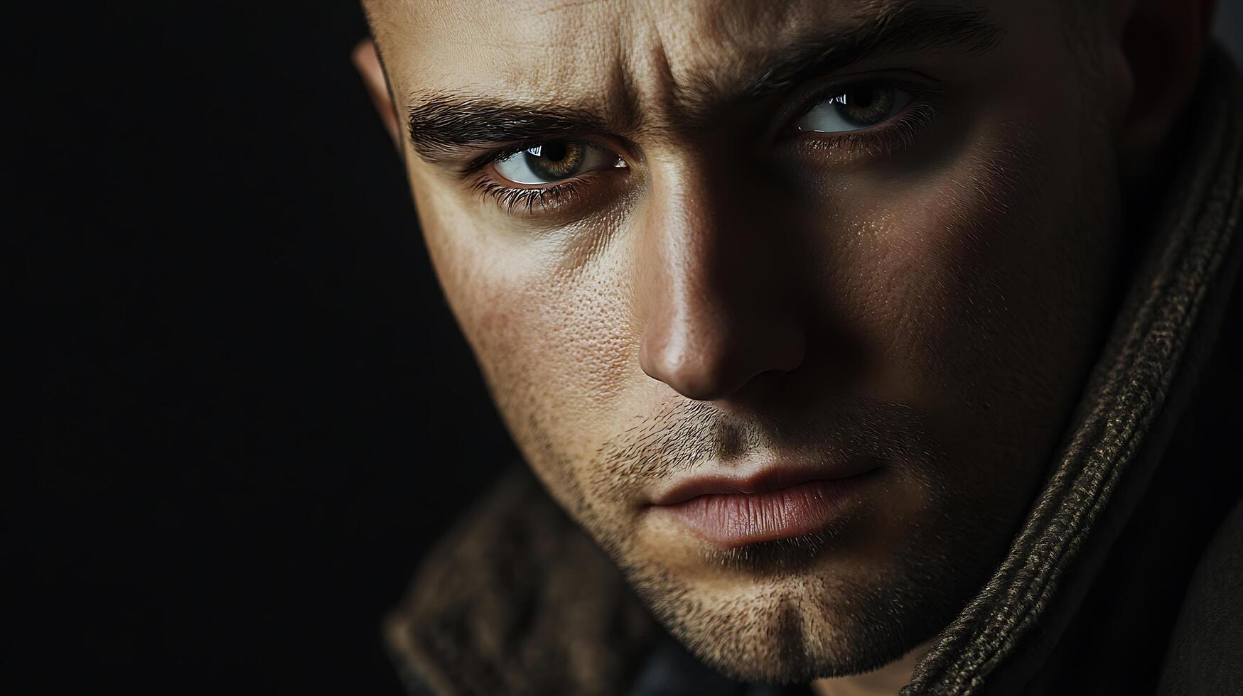 Intense gaze of a weathered man his face illuminated by dramatic lighting creating a powerful emotional portrait photo