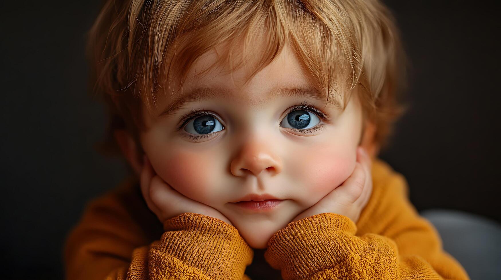 Adorable child with big blue eyes Wearing an orange sweater hands are up to the face Soft lighting Cute kid portrait photo