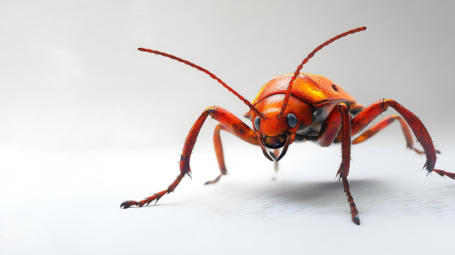 A close-up view of an orange beetle with long antennae and small eyes on a light surface Detailed textures photo