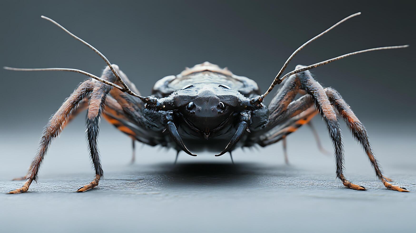 Detailed macro shot of a black insect with a menacing face prominently featuring its sharp mandibles and hairy legs photo