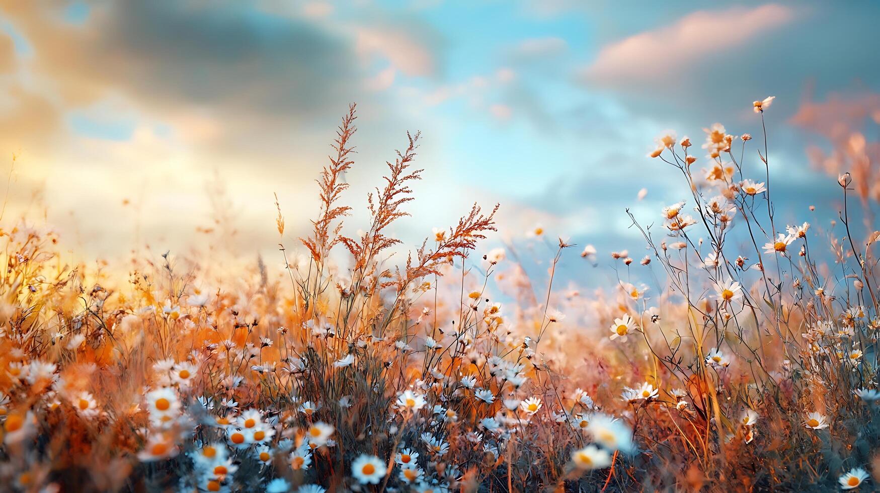A wildflower meadow is a beautiful scene with daisies blowing gently in the wind under a pastel sky at sunset photo