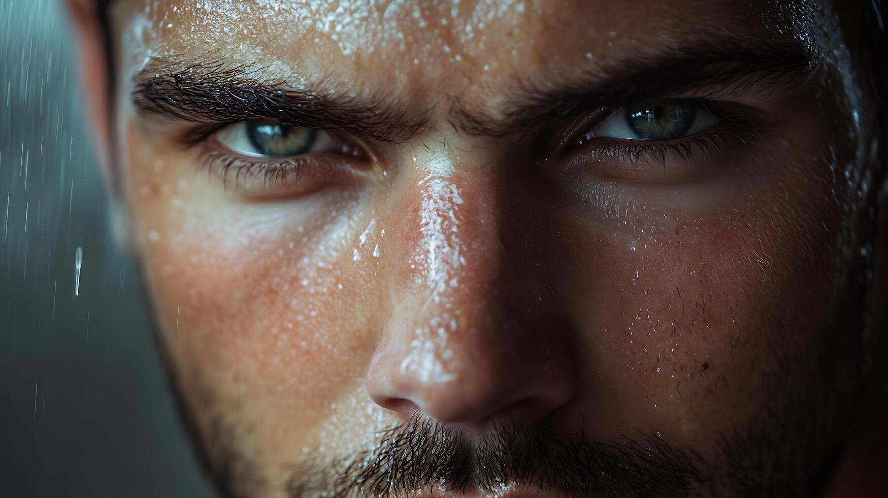 Close-up of a determined man's face glistening with sweat or water droplets intense focus on his penetrating gaze photo
