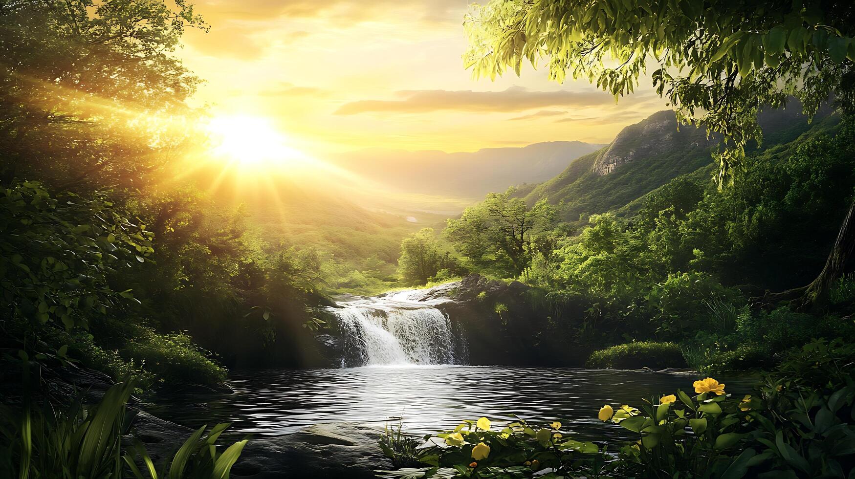 Sunlit waterfall cascades into a tranquil pool surrounded by lush greenery creating a serene and picturesque scene photo